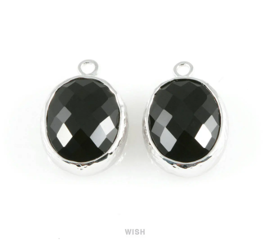 Jet Faceted Glass Charms in Rhodium, Framed Oval Pendant / GJTRH-009-P