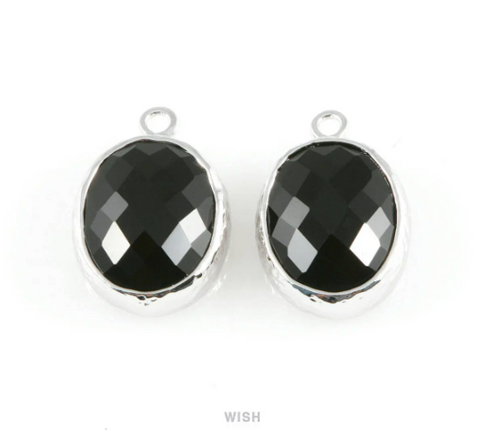 Jet Faceted Glass Charms in Rhodium, Framed Oval Pendant / GJTRH-009-P