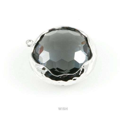 1 piece of Charcoal Faceted Glass Charms in Rhodium, Framed Round Pendant / GCCRH-011-P