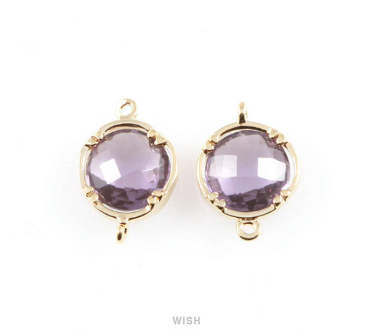 Amethyst Round Glass Connectors in Gold, Framed Glass Gem /GTZG-018-P (Medium)