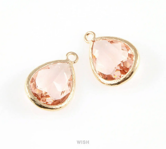 Peach Teardrop Glass Charm in Gold, Framed Drop Glass Gem /GPCG-005-P