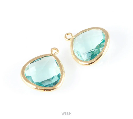 Aquamarine Faceted Glass Charm in Gold, Framed Drop Glass Bead / GAQG-001-P (Large)