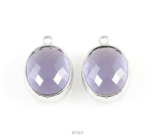 Amethyst Faceted Glass Charms in Rhodium, Framed Oval Pendant/ GTZRH-009-P