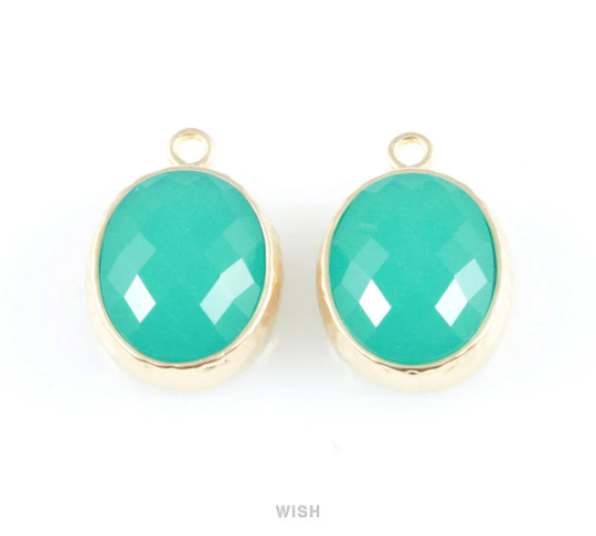 Mint Faceted Glass Charms in Matte Gold, Framed Oval Pendant / GMTMG-009-P
