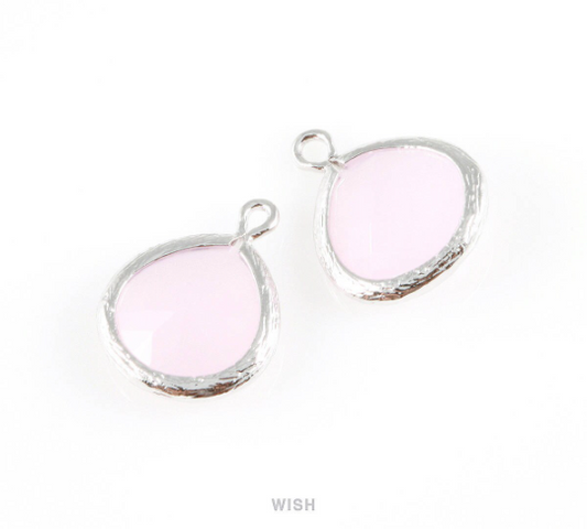 Rose Quartz Faceted Glass Charm in Rhodium, Framed Drop Glass Bead / GRQRH-002-P (Medium)