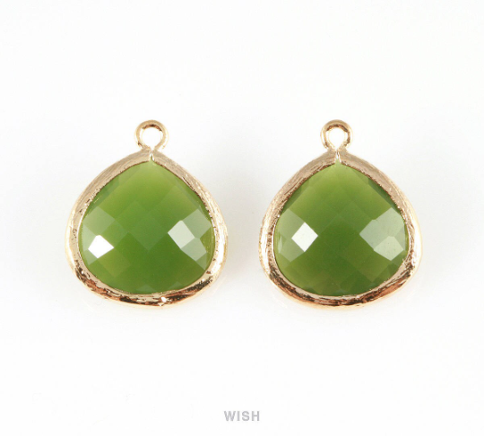Dark Olivine Faceted Glass Charm in Gold, Framed Drop Glass Bead / GDOG-001-P