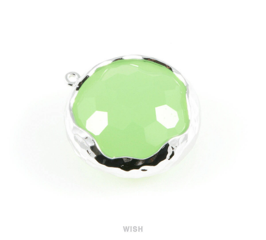 1 piece of Light Mint Faceted Glass Charms in Rhodium, Framed Round Pendant / GLMRH-011-P