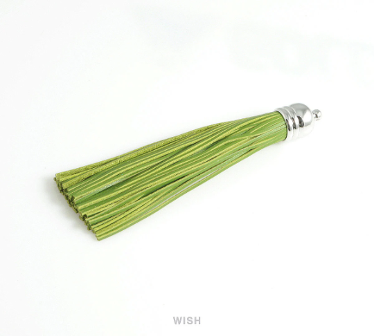 Green Leather Tassel with Bell Cap in Rhodium, Green Cowhide Tassel / LGRRH-006-T (1 piece)