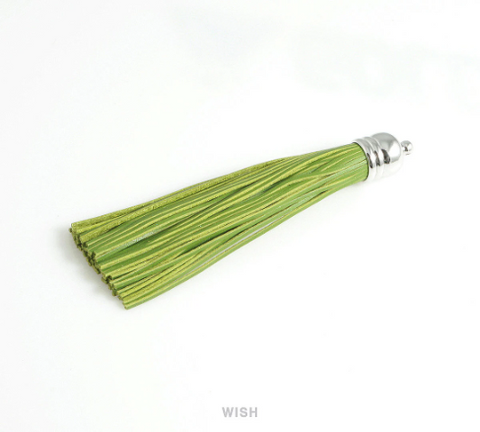 Green Leather Tassel with Bell Cap in Rhodium, Green Cowhide Tassel / LGRRH-006-T (1 piece)