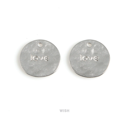 Love Engraving on Hammered Disc Pendants in Matte Rhodium, Engraved Coin Charm / MMRH-533-P