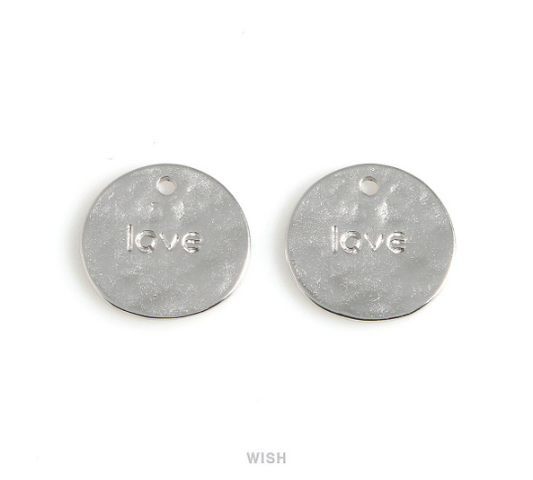 Love Engraving on Hammered Disc Pendants in Matte Rhodium, Engraved Coin Charm / MMRH-533-P