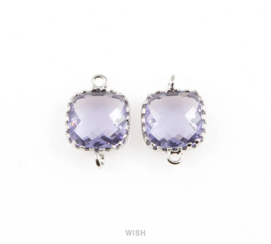 Amethyst Faceted Glass Connector in Rhodium, Framed Square Connector / GTZRH-007-P