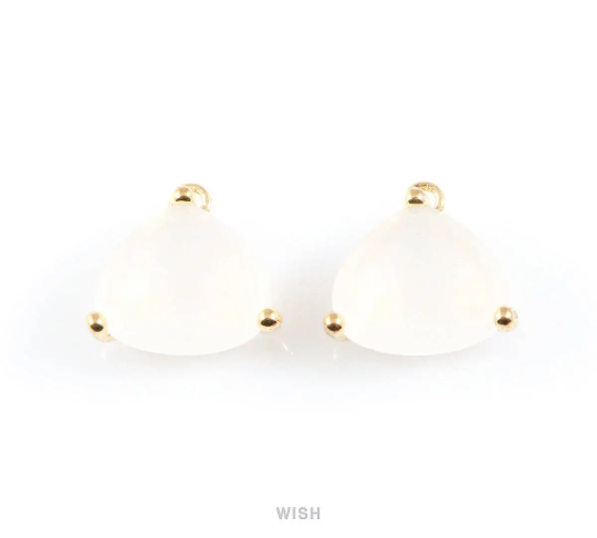 White Alabster Pear Shape Glass Charm in Gold, Framed Pendant / GWAG-042-P