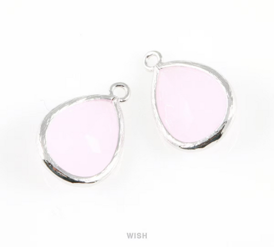 Rose Quartz Teardrop Glass Charm in Rhodium, Framed Drop Glass Gem / GRQRH-005-P