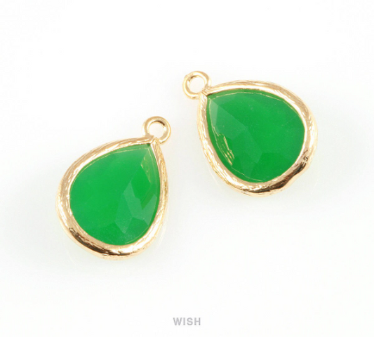 Palace Green Teardrop Glass Charm in Gold, Framed Drop Glass Gem / GPGG-005-P