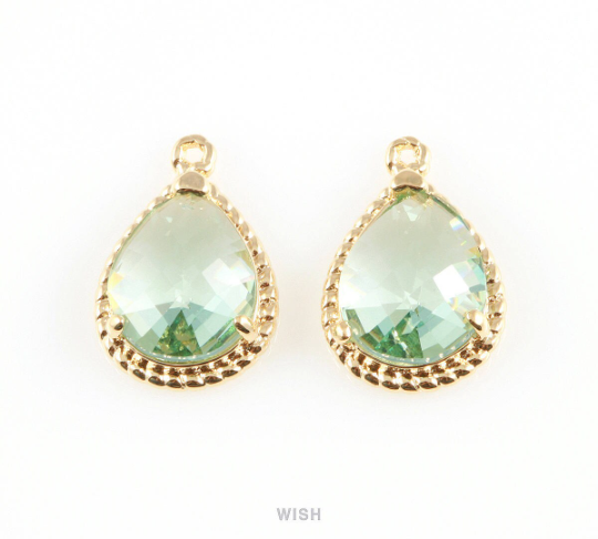 Erinite Teardrop Glass Charm in Gold, Framed Drop Glass Gem / GERG-006-P