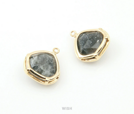 Black Marble Faceted Gemstone Charm in Gold, Framed Pear Gemstone Pendant  / SBMG-084-P
