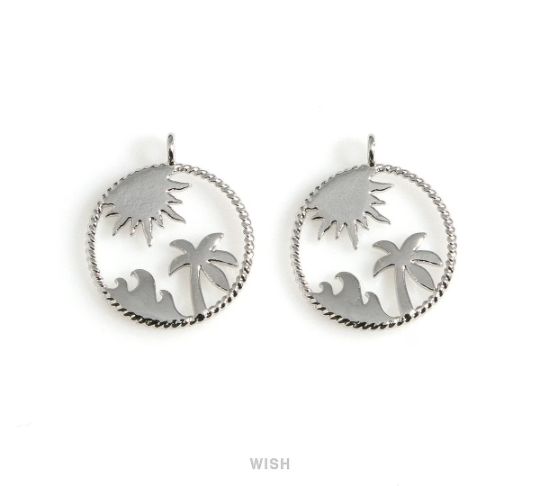 Tropical Circle Pendants in Rhodium, Tropical Jewelry Charm / MRH-505-P
