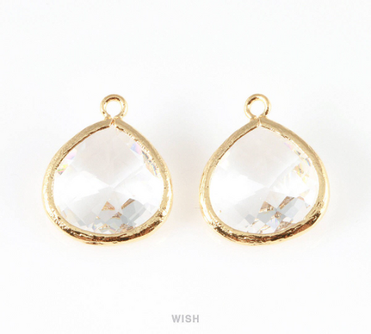 Clear Faceted Glass Charm in Gold, Framed Drop Glass Bead / GCLG-001-P