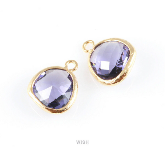 Amethyst Faceted Glass Charm in Gold, Framed Drop Glass Gem / GTZG-004-P (Medium)