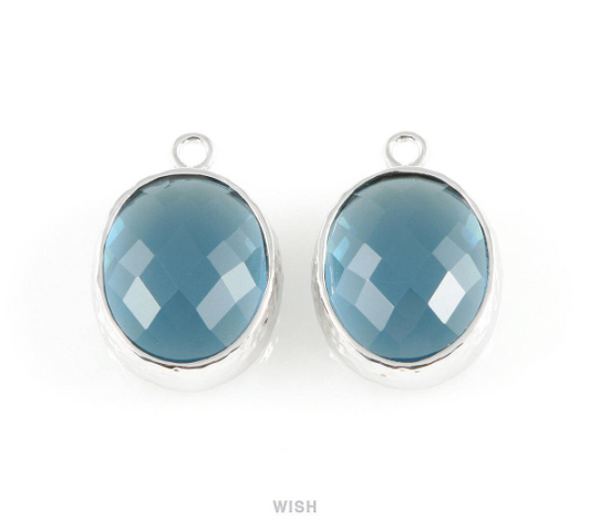Montana Blue Faceted Glass Charms in Rhodium, Framed Oval Pendant / GMBRH-009-P