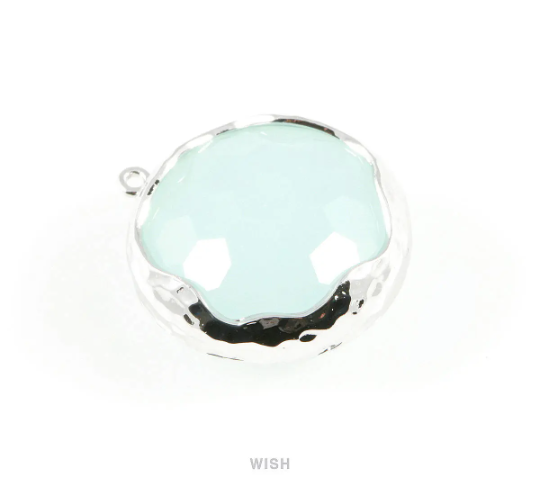 Alice Blue Faceted Glass Charms in Rhodium, Framed Round Pendant / GABRH-011-P