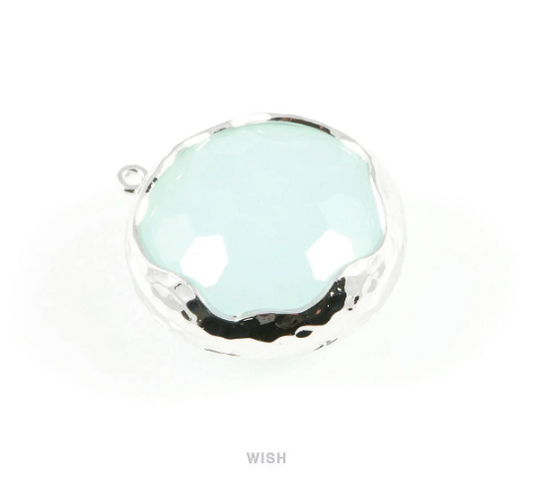 Alice Blue Faceted Glass Charms in Rhodium, Framed Round Pendant / GABRH-011-P
