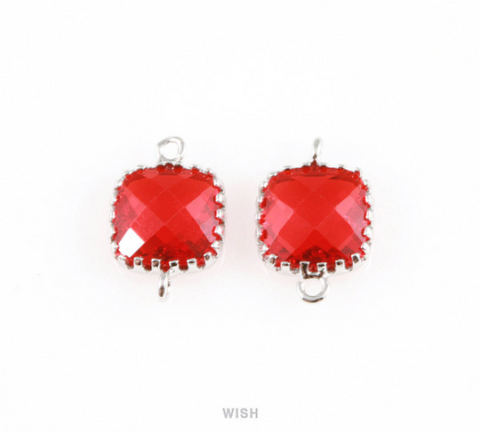 Garnet Faceted Glass Connector in Rhodium, Framed Square Connector / GGNRH-007-P