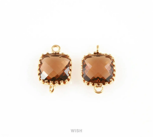Smoky Quartz Faceted Square Glass Connectors in Gold, Framed Square Charms / GSQG-007-P