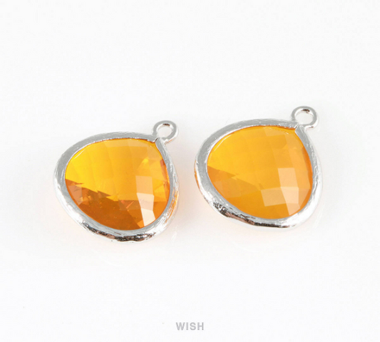 Citrine Faceted Glass Charm in Rhodium, Framed Drop Glass Bead /GCNRH-001-P (Large)