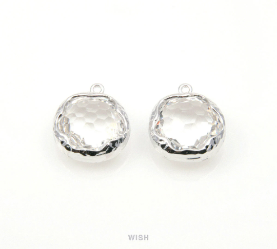 Clear Faceted Glass Charms in Rhodium, Framed Round Pendant / GCLRH-090-P (Small)