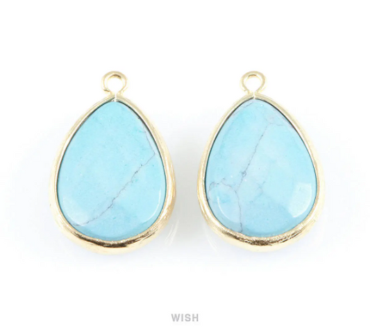 Turquoise Synthetic Stone Charms in Matte Gold, Framed Teardrop Pendant / STQMG-010-P