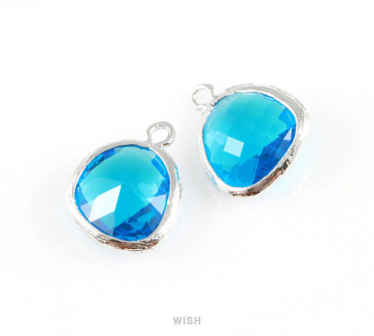 Capri Blue Faceted Glass Charm in Rhodium, Framed Drop Glass Gem / GCBRH-004-P (Medium)
