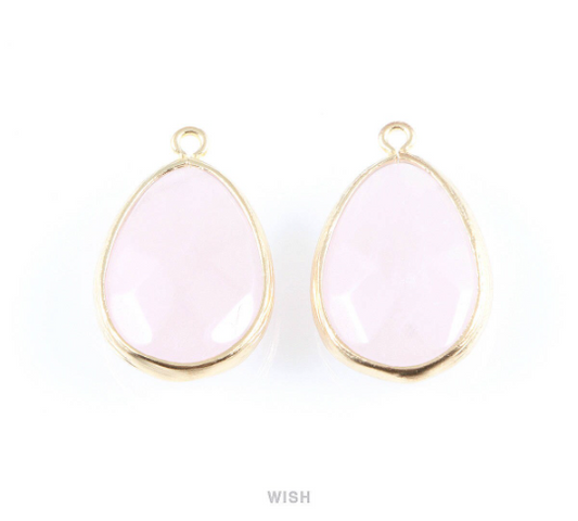 Rose Quartz Synthetic Stone Charms in Matte Gold, Framed Teardrop Pendant / SRQMG-010-P