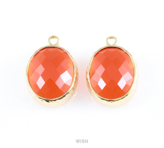 Citrine Faceted Glass Charms in Gold, Framed Oval Pendant / GCNG-009-P