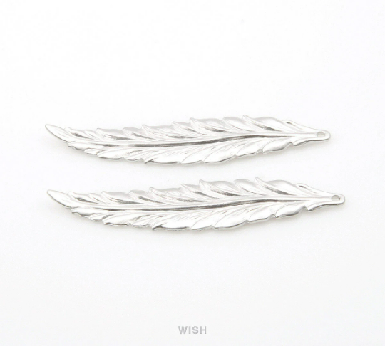 Large Feather Pendant in Matte Rhodium, Textured Feather Charm / MMRH-237-P