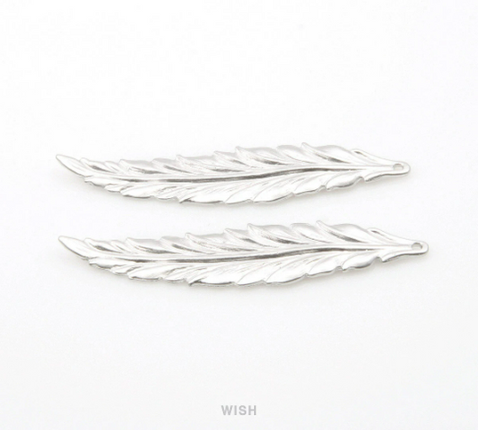 Large Feather Pendant in Matte Rhodium, Textured Feather Charm / MMRH-237-P