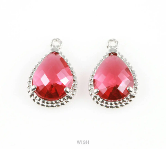 Ruby Teardrop Glass Charm in Rhodium, Framed Drop Glass Gem/ GRBRH-006-P