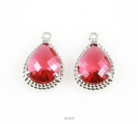 Ruby Teardrop Glass Charm in Rhodium, Framed Drop Glass Gem / GRBRH-006-P
