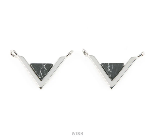 Black Marble Triangle Stone Charm in Rhodium, Gemstone Framed Pendant / STQRH-052-P