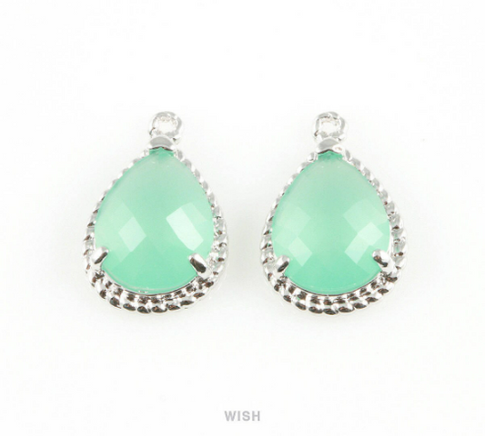 Mint Teardrop Glass Charm in Rhodium, Framed Drop Glass Gem / GMTRH-006-P