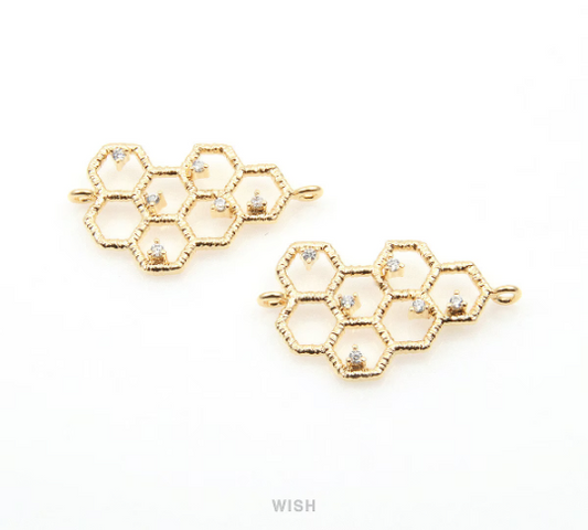 Cubic Zirconia Honeycomb Pendant in Gold, Beehive Charm / CG-065-P