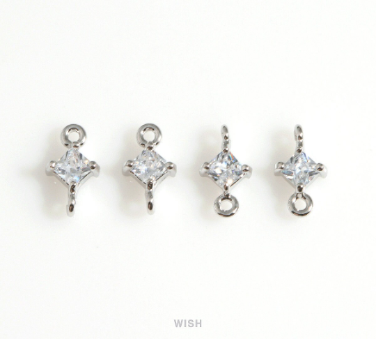 Diamond Shape Cubic Zirconia Connector in Rhodium, Dainty CZ Charm / CRH-085-P (4pcs)