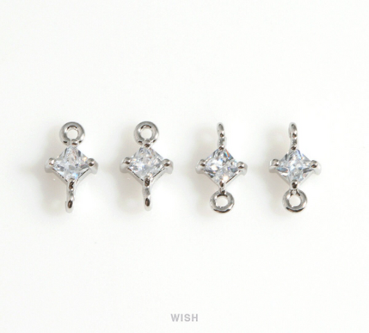 Diamond Shape Cubic Zirconia Connector in Rhodium, Dainty CZ Charm / CRH-085-P (4pcs)