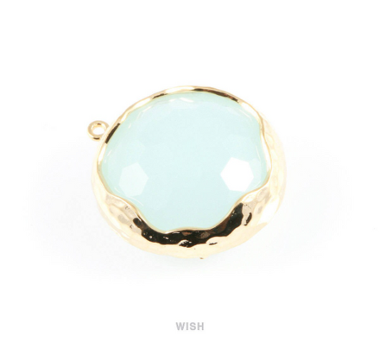 Alice Blue Faceted Glass Charms in Gold, Framed Round Pendant / GABG-011-P