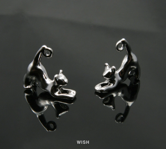 Stretching Cat Pendant in Matte Rhodium, Cat Stretch Charm / MMRH-310-P (4pcs)