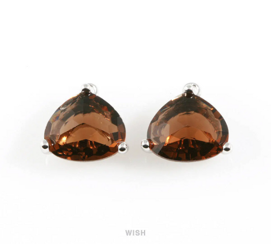 Smoky Quartz Pear Shape Glass Charm in Rhodium, Framed Pendant / GSQRH-042-P