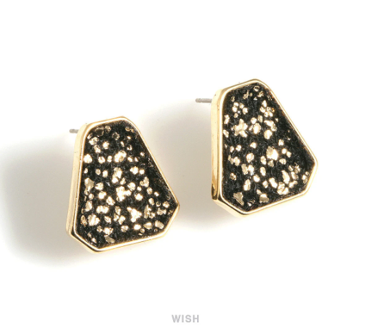 Six Angles Black Fabric Drop with Gold Leaf Stud Earrings in Gold, Six Angles Drop Studs / MBKG-516-E