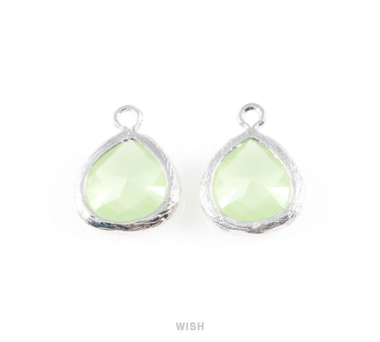 Light Mint Faceted Glass Charm in Rhodium, Framed Glass Gem / GLMRH-003-P (Small)