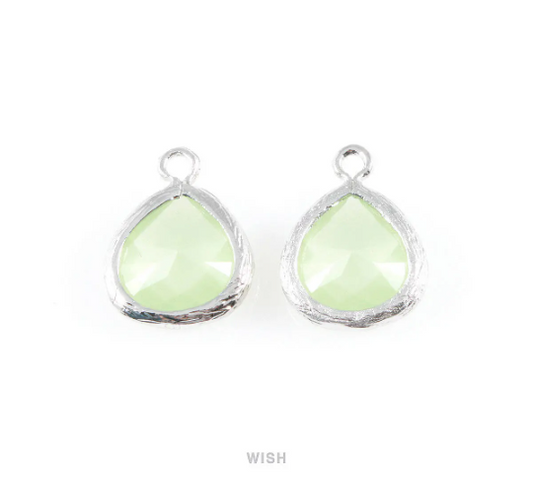 Light Mint Faceted Glass Charm in Rhodium, Framed Glass Gem / GLMRH-003-P (Small)